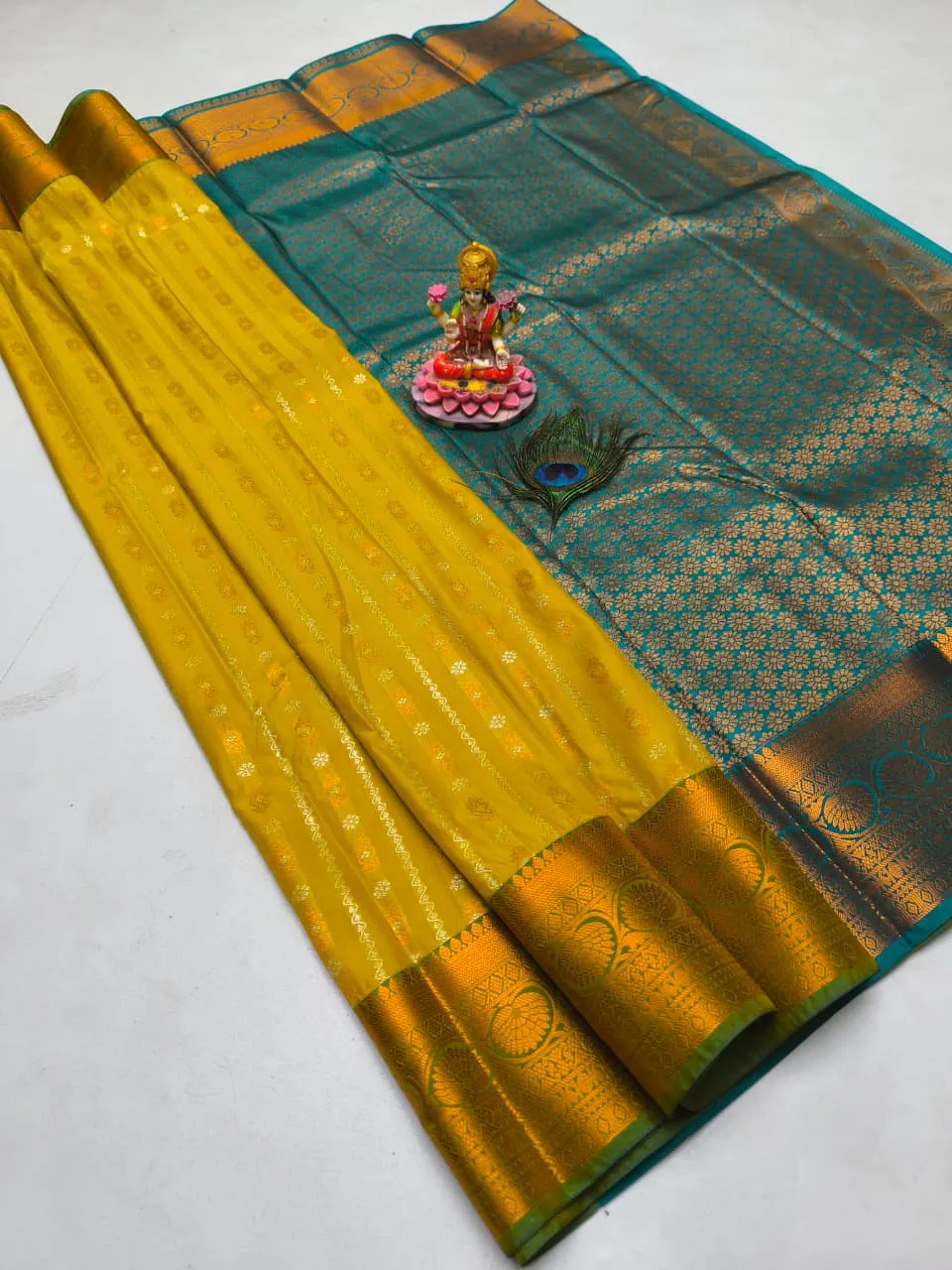 Mustard Teal Floral Brocade Semi Kanchipuram Silk Saree